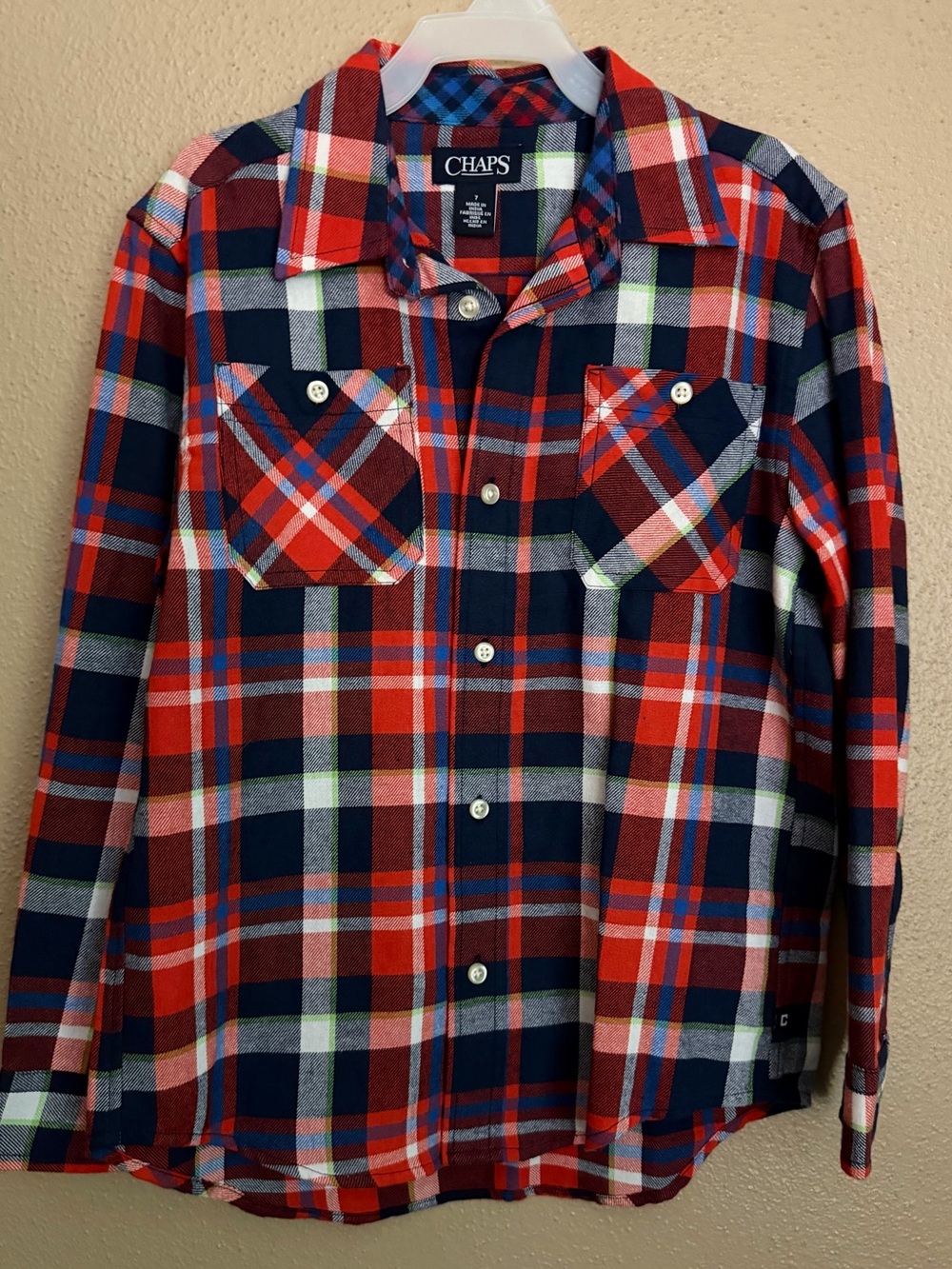 Chaps Boy’s Red & Navy Plaid Button-Up Shirt Size 7